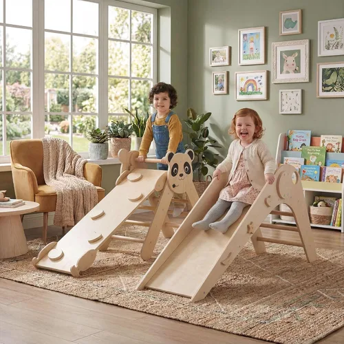 Miniatura 2 de GLACER Pikler - Juego de triángulos Montessori con temática de panda, juguetes de escalada para niños pequeños con escalera, túnel, tobogán, rampa