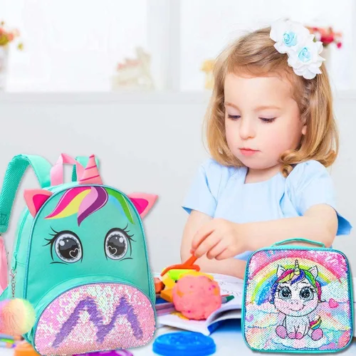 Miniatura 8 de 3 mochilas para niñas pequeñas, 12 pulgadas, con lentejuelas de unicornio y lonchera
