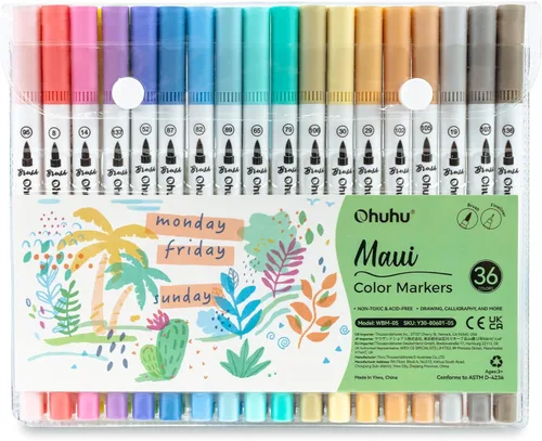 Ohuhu Marcadores para Libros de Colorear para Adultos Sin Sangrado 36 Colores Pastel Marcadores para Colorear a Base de Agua Puntas Dobles