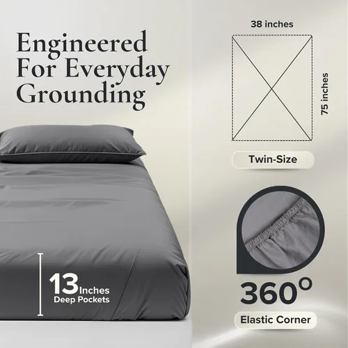 Miniatura 4 de Sábanas de earthing grounding tamaño Twin (Gris) - 400 recuento de hilos, sábanas suaves de earthing con algodón, fibra de plata - cordón