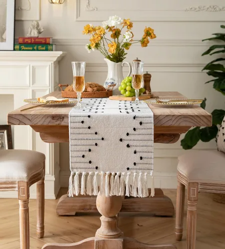 Miniatura 6 de Camino de mesa bohemio 13 x 108 pulgadas de largo de algodón natural tejido con borlas para decoración de mesa de comedor, para decoración moderna