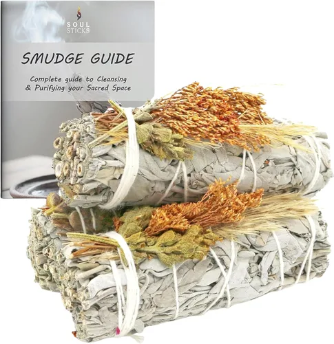Miniatura 9 de SOUL STICKS Paquete de 3 barras de salvia blanca floral con flores para limpiar el hogar, meditación, yoga, curación y manchas, California de origen