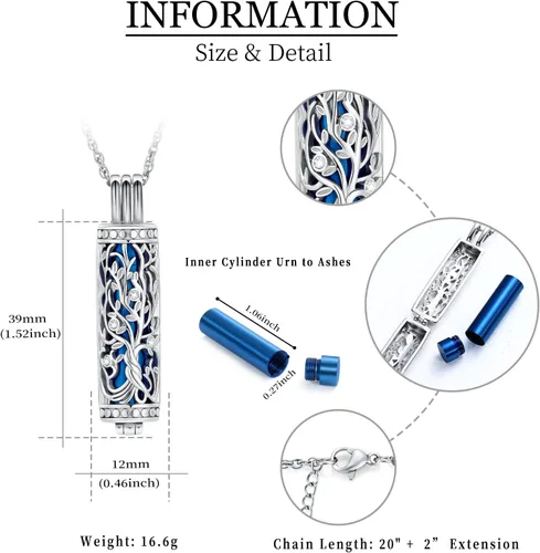 Miniatura 54 de shajwo Joyería de cremación cilíndrica, collar de cenizas de urna del árbol de la vida para mujeres y hombres, vial de cremación de cenizas