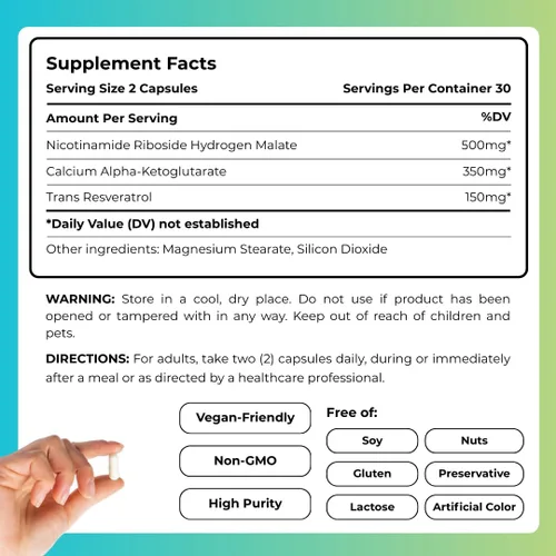 Miniatura 3 de Suplemento NAD+ 1000mg con Ca-AKG y Resveratrol