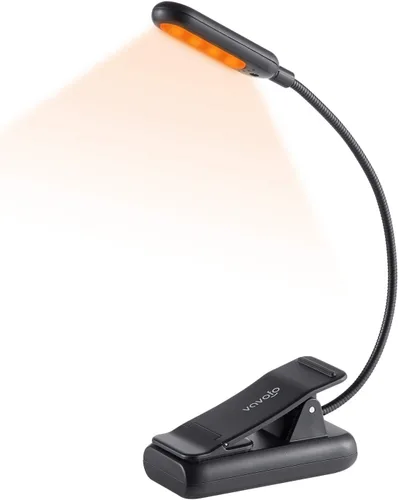 VAVOFO Luz de lectura recargable ámbar, luz de libro con bloqueo de luz azul, 7 LED para el cuidado de los ojos, 9 colores, 9 brillos con clip para