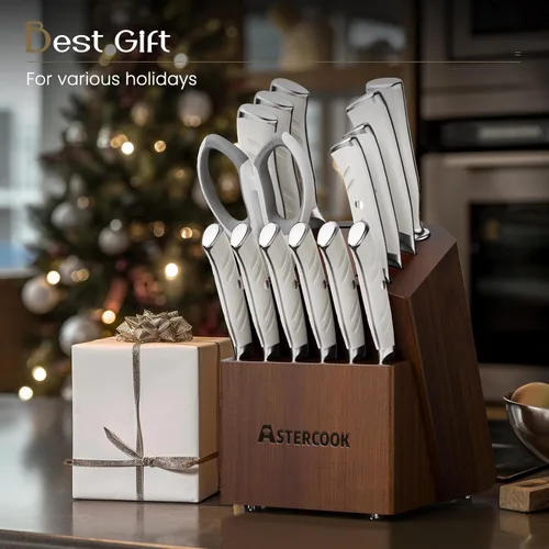 Miniatura 6 de Juego de Cuchillos, Juego de Cuchillos de Cocina Astercook con Bloque, 15 Piezas de Lujosos Cuchillos de Acero Inoxidable Alemán de Alto Carbono