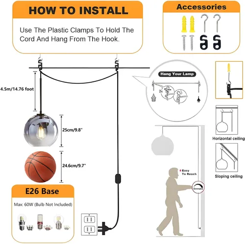 Miniatura 2 de KCO Iluminación enchufable Lámpara colgante de globo de cristal, luces colgantes para isla de cocina, color negro y plateado, lámpara colgante
