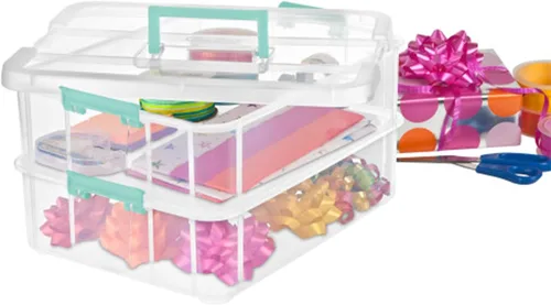Miniatura 9 de Sterilite Paquete de 4 cajas de asas de 2 capas para almacenamiento en el hogar y la oficina, base transparente y tapa con pestillos