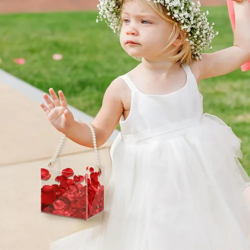 Miniatura 4 de Cesta de flores para niña, cesta de boda, cesta de pétalos con cinta de acrílico para confeti (perla)