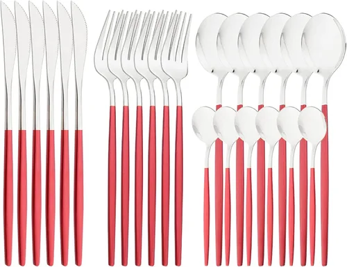 Juego de cubiertos de espejo, 24 piezas de cubiertos de acero inoxidable 18/0 con mango rojo, vajilla simple y moderna para el hogar, fiesta, rojo