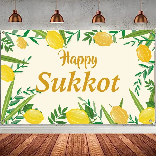 Miniatura 6 de Cartel de fondo de Happy Sukkot con 70.8 x 43.3 pulgadas, pancarta de fondo de Happy Sukkah, fondo de fotografía judía Etrog Lulav para cabina