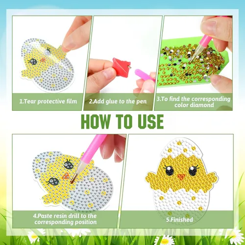 Miniatura 5 de Panelee 48 piezas de llavero de arte de diamante de Pascua, kits de arte de diamantes para colgar huevos de Pascua, adornos para niños