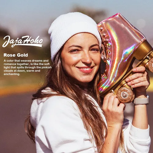 Miniatura 6 de JajaHoho Patines de ruedas para mujer, patines de cuero PU holográficos de alta calidad, patines brillantes de doble fila con cuatro ruedas para Oro