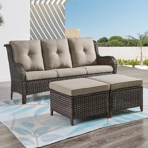 Miniatura 6 de Reposapiés otomanos para exteriores, 2 piezas, reposapiés otomano de mimbre de ratán con cómodos cojines para patio, porche, terraza, balcón, jardín