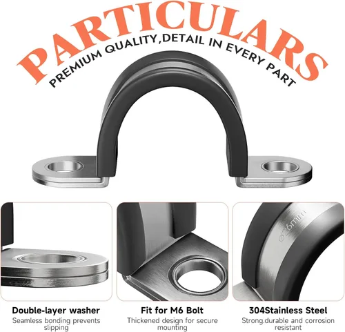 Miniatura 2 de 10 abrazaderas de correa de tubo en U de 0.394 pulgadas de 2 agujeros, acero inoxidable 304 con clip forrado de goma EPDM, juntas de doble capa