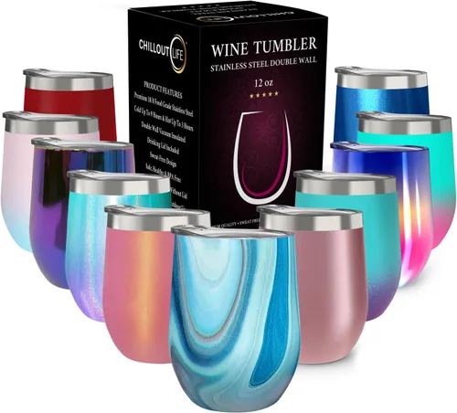 CHILLOUT LIFE - Vaso de acero inoxidable de 12 onzas con tapa, diseño de viaje con aislamiento al vacío de doble pared para café, vino, cócteles y