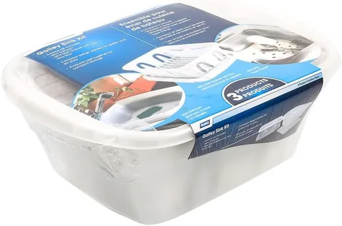 Camco 43517 Kit de fregadero blanco con escurridor de platos, bandeja y alfombrilla para fregadero, paquete de 1