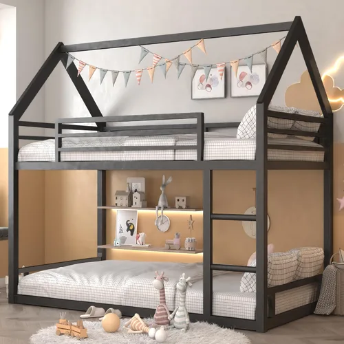Miniatura 14 de Litera de cama individual sobre individual con tobogán, marco de cama en forma de casa con escalera, estructura de cama baja de servicio pesado