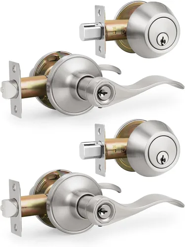Miniatura 14 de Gobrico Keyd Alike - Manija de puerta de entrada y cerrojo de un solo cilindro en níquel satinado, palanca estilo onda con cerradura y cerrojo