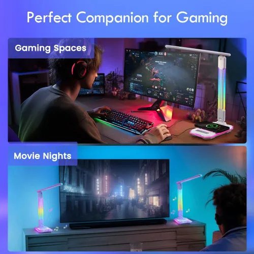 Miniatura 3 de WILIT Lámpara de escritorio para dormitorio universitario, luz de escritorio RGB para juegos con carga inalámbrica y puerto USB, lámpara de jugador