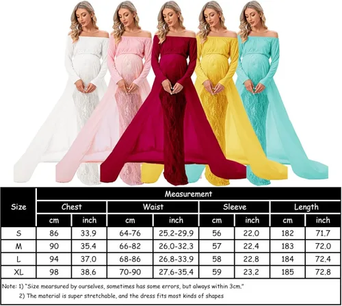 Miniatura 7 de ZIUMUDY Vestido de maternidad para sesión de fotos de manga larga con hombros descubiertos vestido de encaje ajustado con capa larga de gasa trian