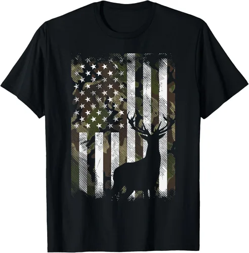Camiseta de manga corta con diseño de camuflaje y bandera de EE. UU., ciervo, alce, camuflaje, caza, cazador, papá, regalo, Negro -