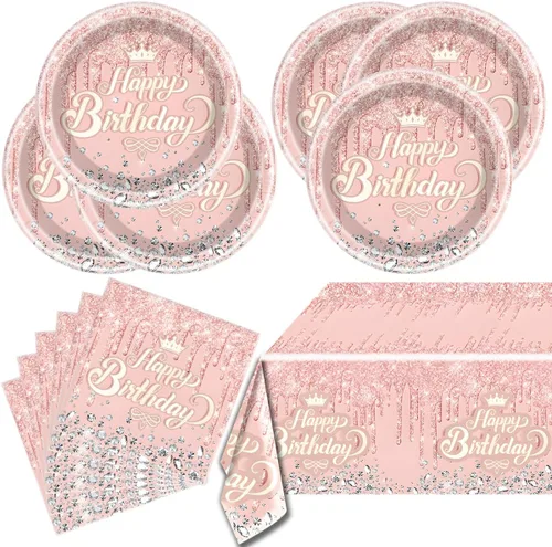 Juego de vajilla de fiesta rosado oro rosa, tema de feliz cumpleaños rosado, 20 platos y 20 servilletas y manteles de 71'' x 42'' para niñas y