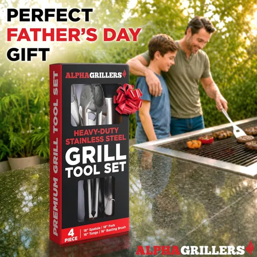 Miniatura 4 de Alpha Grillers Accesorios para asar – Accesorios de barbacoa con espátula, tenedor, cepillo y pinzas – Utensilios de barbacoa al aire libre, regalo