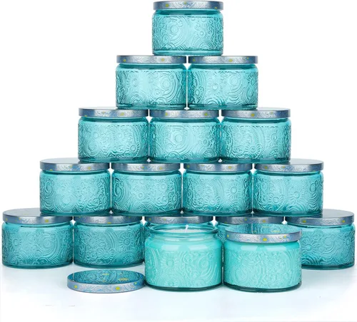 Paquete de 18 tarros de vela de vidrio en relieve de 4 onzas con tapas y etiquetas - diseño de sol, luna y estrellas (azul)