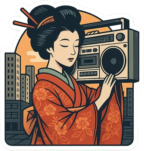 Adhesivo de vinilo retro Geisha Boombox, decoración de arte urbano japonés vintage (2.75 x 3 pulgadas)