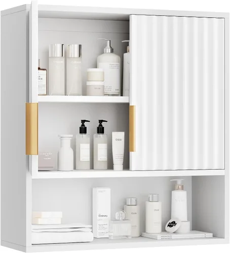 Miniatura 13 de VINGLI Armario de pared de baño, botiquín negro con estante abierto y 2 puertas, organizador de almacenamiento ajustable para colgar sobre