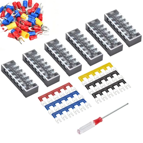 Miniatura 14 de 6 juegos de bloques de terminales, 6 piezas de 4/5/6 posiciones 600 V 15 A bloque de terminales de tornillo de doble fila + 6 tiras de barrera