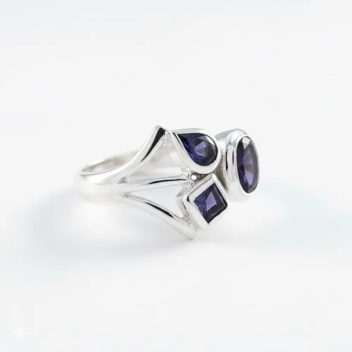Miniatura 3 de 55Carat Anillo de iolita de plata con forma mixta de piedras preciosas naturales para mujer, talla 5, 6, 7, 8, 9, 10, 11, 12, 13 de EE. UU