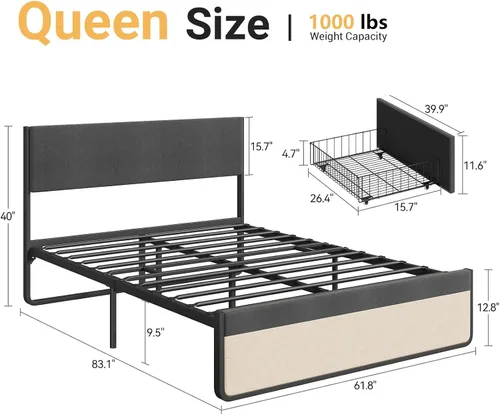 Miniatura 2 de Base de cama tamaño Queen con cabecera y 2 cajones de almacenamiento, base de colchón con soporte de listones de metal, no necesita somier, sin