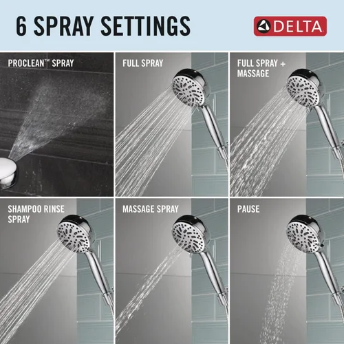 Miniatura 4 de Cabezal de ducha Delta ProClean cromado con mano, cabezal de ducha con rociador de alta presión, cabezal de ducha de mano, 6 configuraciones
