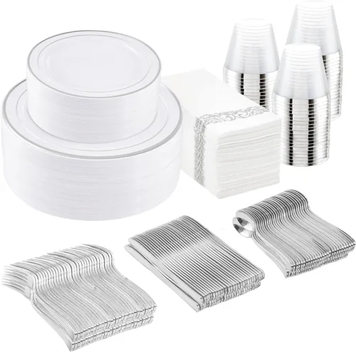 Miniatura 13 de Juego de vajilla dorada de 700 piezas, juego de vajilla desechable transparente para 100 invitados para fiestas, bodas, incluye: 200 platos Dorado