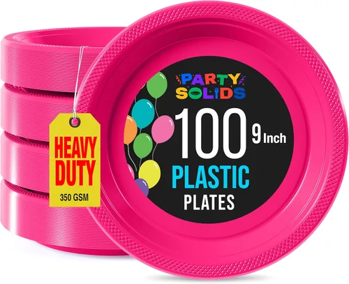Miniatura 54 de Exquisitos platos de plástico rojo Party Solids para fiesta, platos desechables rojos de 9 pulgadas, juego de vajilla de plástico resistente, 100