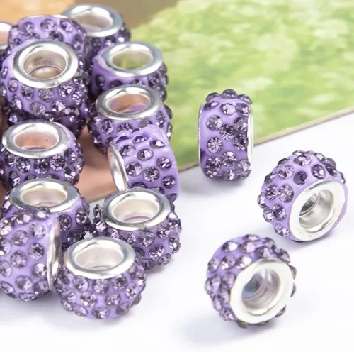 Miniatura 9 de Decoendiy 100 cuentas europeas de diamantes de imitación, cuentas espaciadoras de diamantes de imitación de agujero grande, cuentas planas redondas