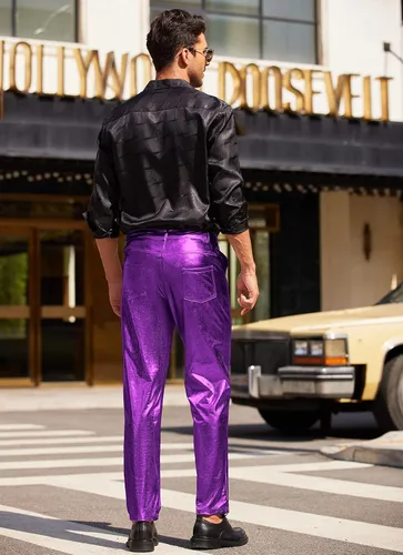 Miniatura 3 de COOFANDY Pantalones de mezclilla metálicos brillantes para hombre, para fiesta, baile, discoteca, discoteca, pantalones de pierna recta, Metálico