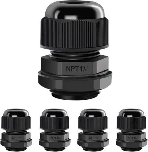 LeMotech Paquete de 5 prensaestopas NPT de 1-1/4 pulgadas, impermeables, ajustables, conectores de cable de 0.945-1.260 in, juntas de nailon negro