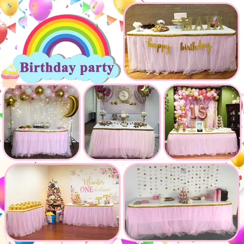 Miniatura 3 de Falda de tul con lentejuelas doradas para mesa de 6, 9 ó 14 pies, para fiestas de novia, bodas, fiestas de cumpleaños, etc., 6 ft, Rosado