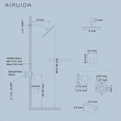 Miniatura 6 de Airuida Juego de grifo de ducha con boquilla de bañera, juego completo de grifo de bañera con válvula de latón macizo y cabezal de ducha cuadrado