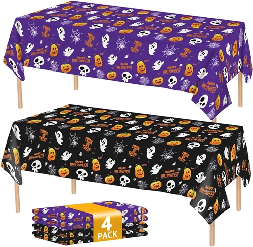 Miniatura 9 de ATFUNSHOP Mantel de plástico de Halloween, 4 unidades, 54 x 108 pulgadas, mantel rectangular desechable, tela de araña negra, impermeable, a prueba