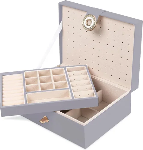 Miniatura 51 de Joyero de pendientes para mujeres y niñas, organizador de aretes de 5 capas, caja organizadora de joyas blanca con candado, collares y aretes
