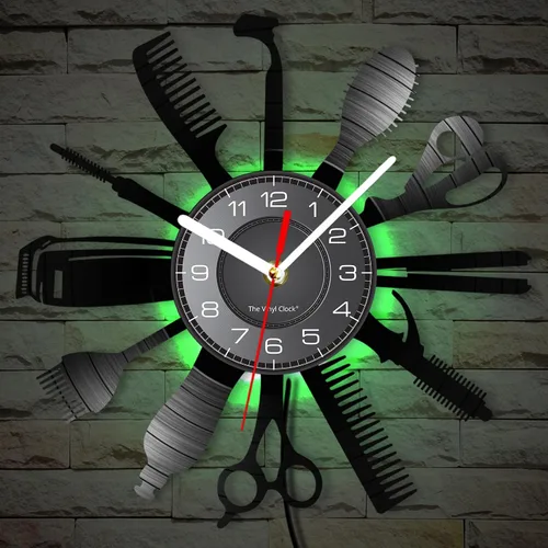 Miniatura 8 de Reloj de pared con herramientas de peluquería de 12 pulgadas con 7 colores cambiantes, reloj de pared para peluquería y negocios, reloj de pared