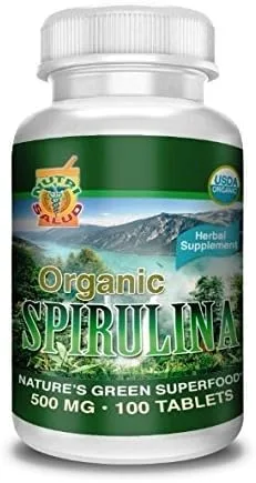 Espirulina Organica 100 Tabletas 500MG, Alga espirulina 100% Natural, combate Anemia, Regula niveles de azucar, Reducir el colesterol, 100% pura y