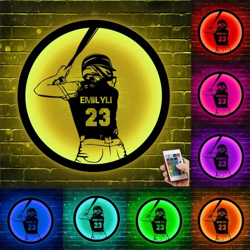 Miniatura 23 de Arte de Pared de Metal Personalizado de Béisbol con Bandera de EE.UU. con Luz LED, Letrero Personalizado con Nombre de Jugador de Sóftbol Americano