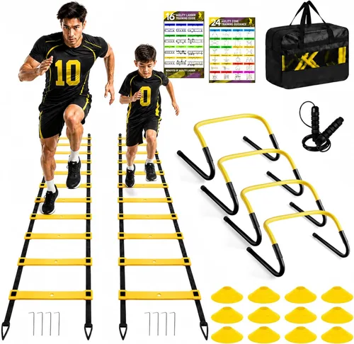 BORNEW Set de Equipo de Entrenamiento de Agilidad y Velocidad, Set de Práctica de Fútbol con escalera de agilidad de 20 pies, 12 conos, 4 obstáculos