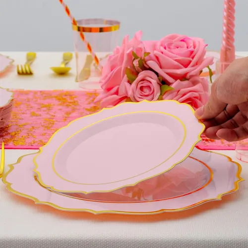 Miniatura 6 de 175 PCS Platos de Plástico Rosa para 25 Invitados, Juego de Vajilla Desechable Rosa y Dorado para Fiestas y Bodas Incluye 25 Platos de Cena y 25