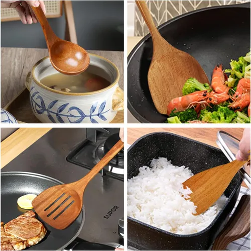 Miniatura 7 de Espátula de madera, espátula ranurada, cucharón de sopa, juego de utensilios de mango largo, hecho a mano para utensilios de cocina